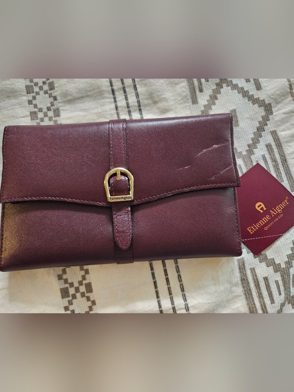 Etienne Aigner Burgundy Leather Checkbook Wallet